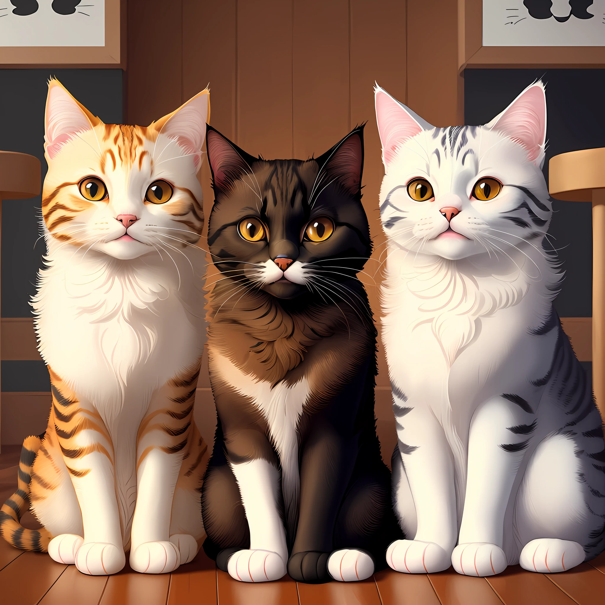 three cats sitting on a wooden floor next to a chair, cute cats, cute detailed digital art, warrior cats fan art, ultra realistic illustration, realistic illustration, adorable digital painting, warrior cats, realistic anime cat, cute digital art, three cats drinking in a bar, ultrarealistic illustration, highly detailed illustration, digital painting highly detailed, highly detailed illustration.”, handsome stunning realistic