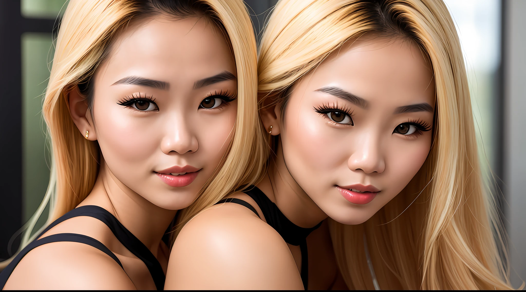 close up on a beautiful young Vietnamese woman with blond hair and a super fit body