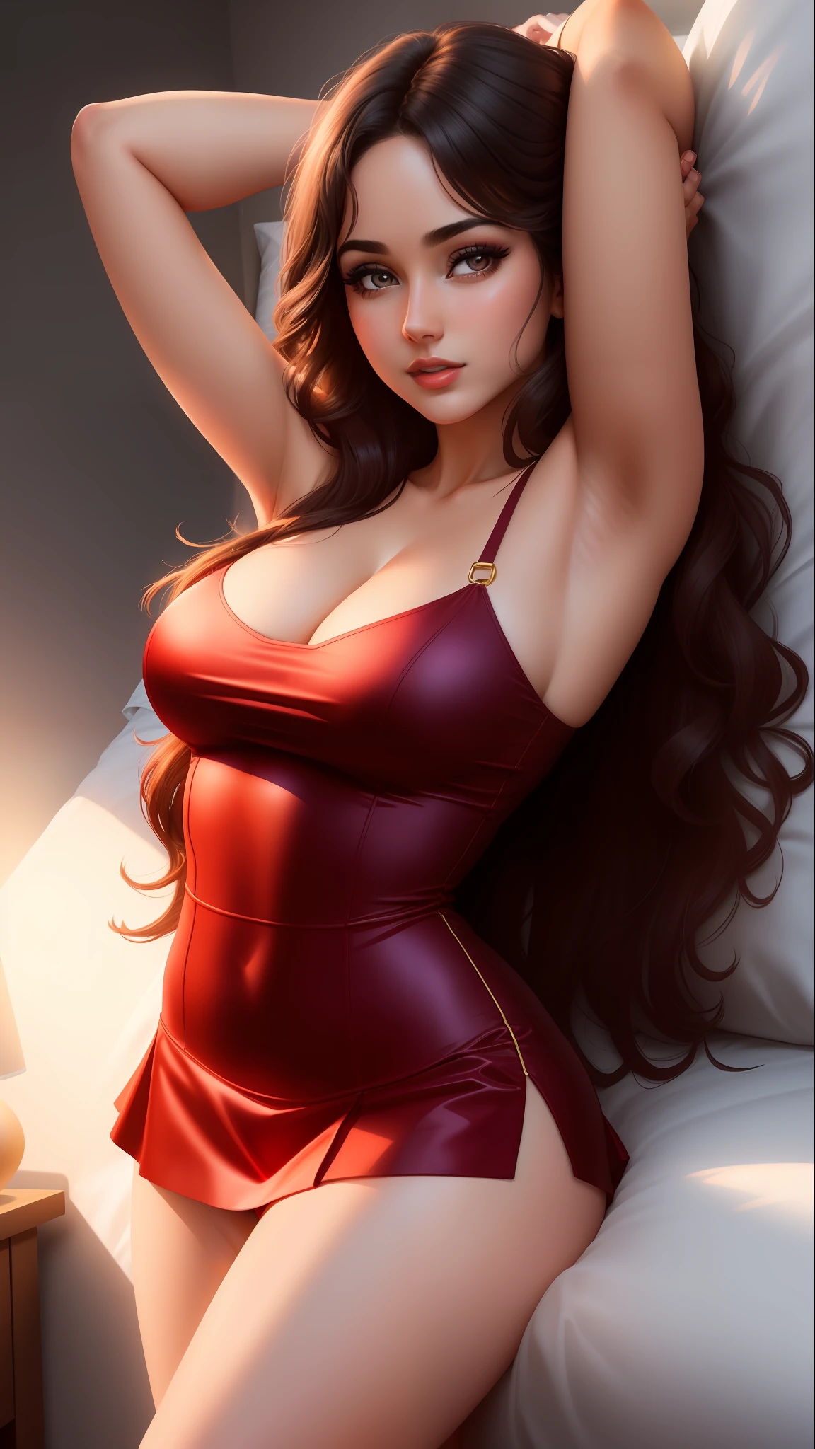 woman handcuffed in bed, arms raised, armpit, tight dress, short skirt, beautiful face, long dark hair, after party, detailed background, cartoon, 4k, hdr, high quality, best lighting, best shadows, makeup,