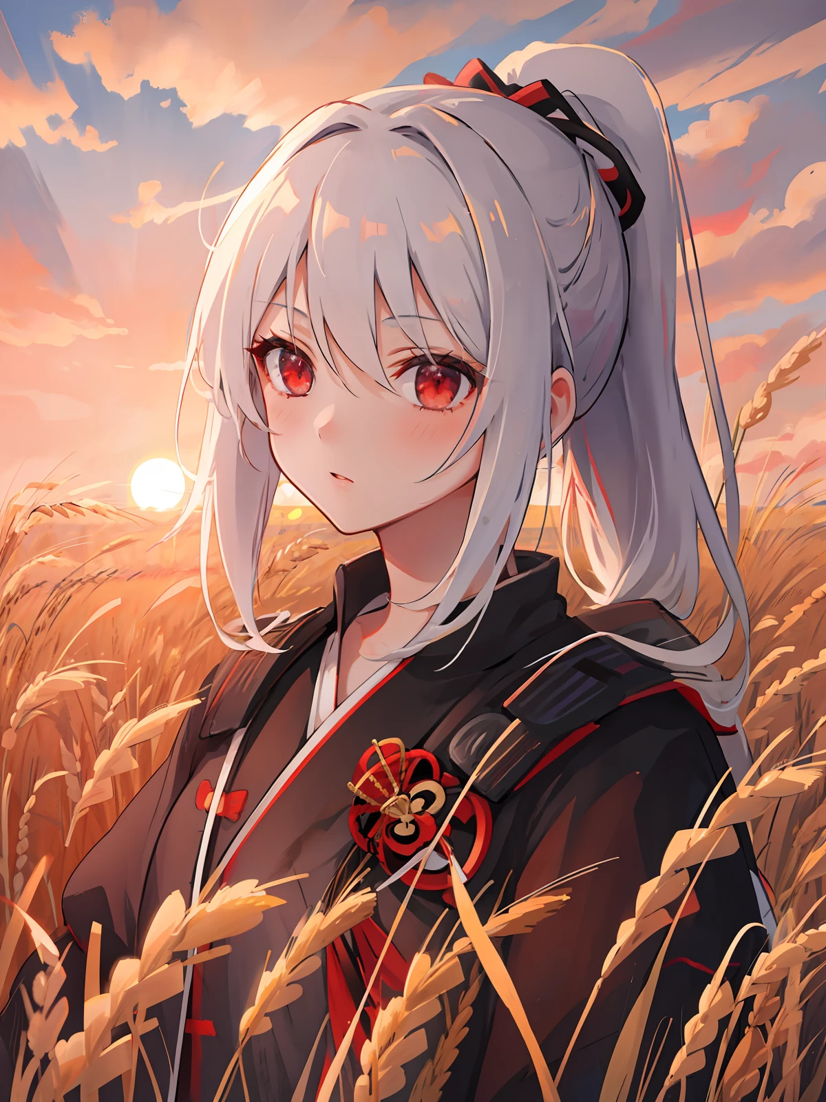 masterpiece, best quality, 1girl, portrait, white hair, ponytail, red eyes, samurai, wheat landscape, sun, clouds, (neutral colors), (hdr:1.4)