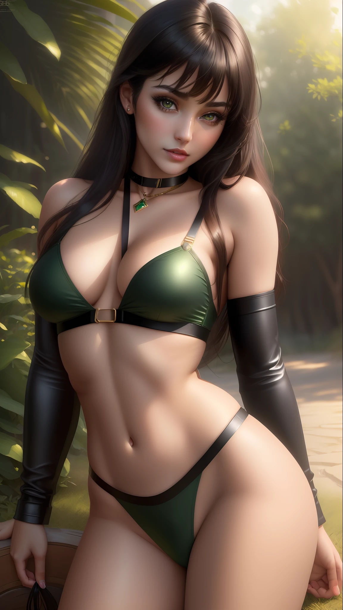 "((masterpiece)), ((realistic)), ((hyperrealistic)), thin female, small boobs, flat chest, long and high quality dark hair with bangs, dark eyelashes, makeup, fair skin, green eyes looking at the camera, 4k, 8k, hdr, ((woman)), wearing a leash, sensual pose, ecchi, cosplay