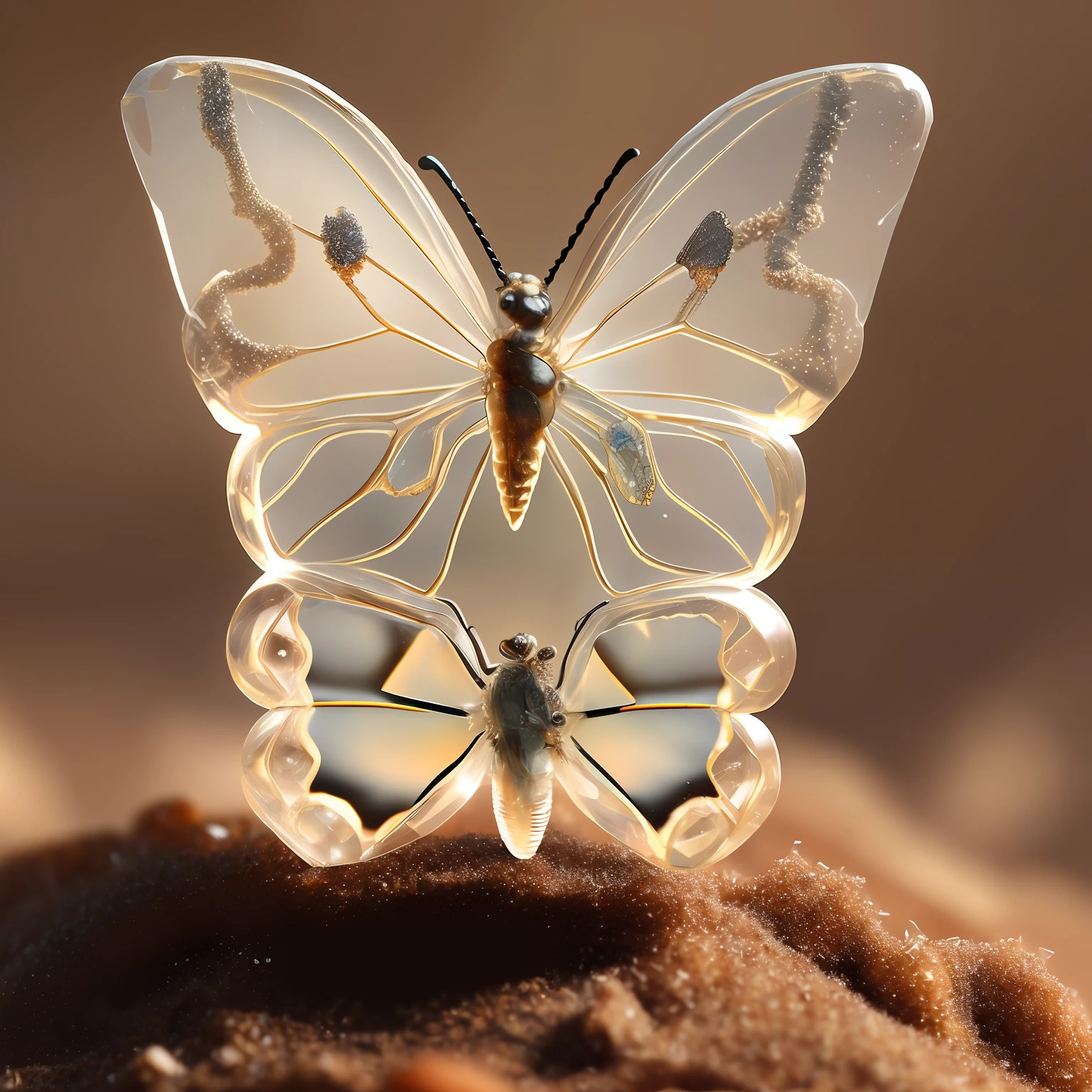 transparent crystal glass butterfly on an anthill realistic