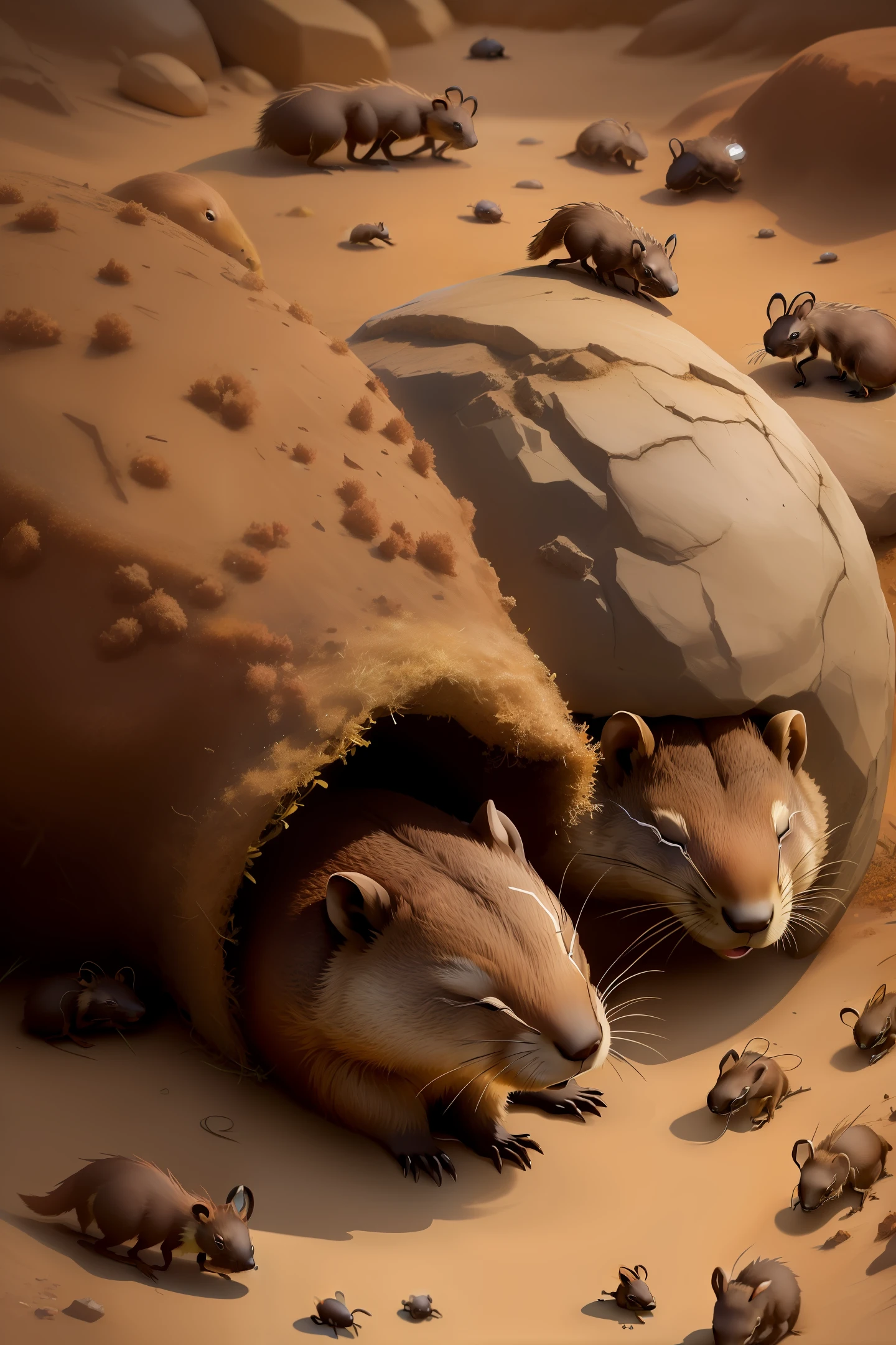 sleeping groundhog with ants in anthill