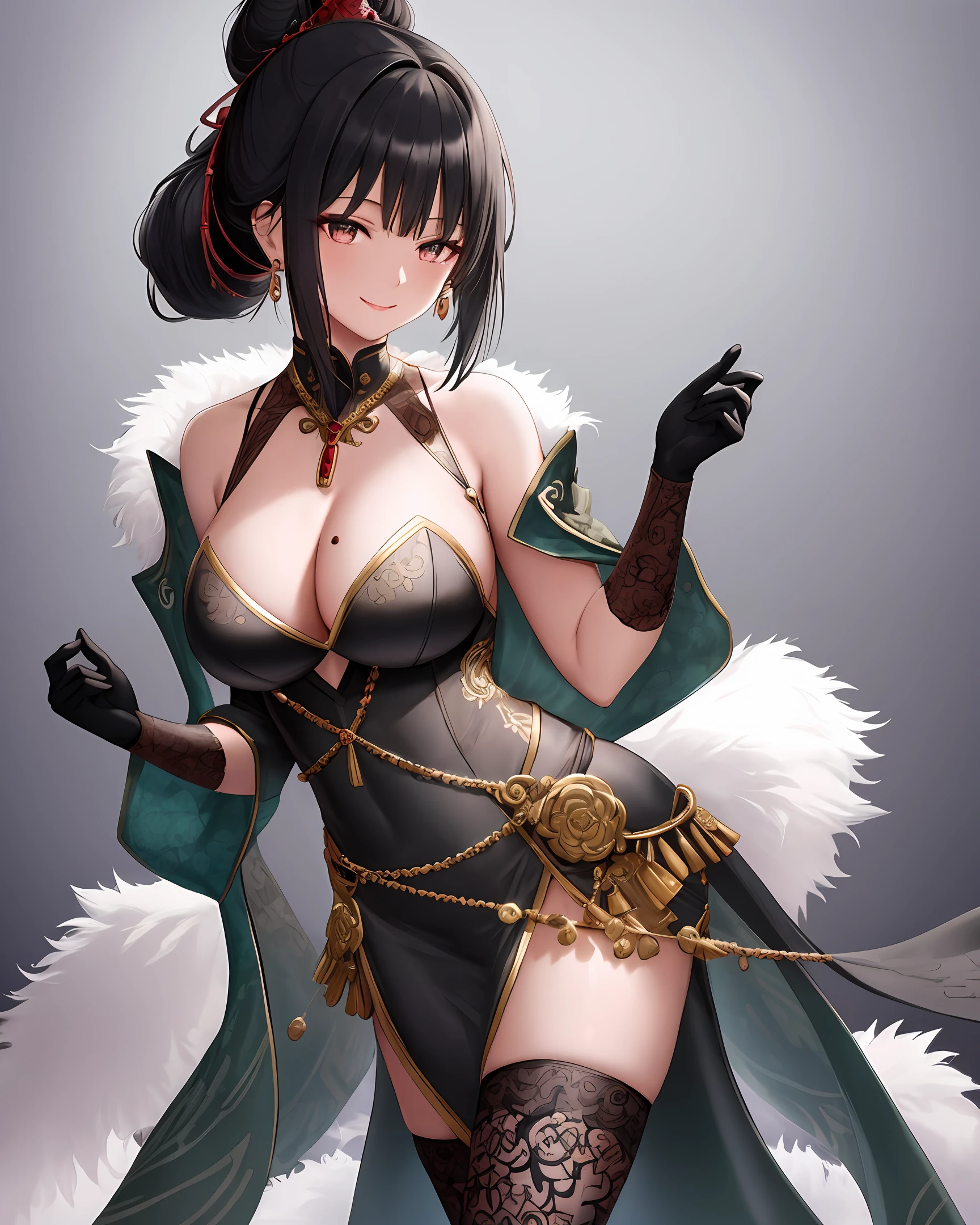 detailed skin texture, detailed cloth texture, beautifully detailed face, masterpiece, best quality, ultra detailed, 8k, intricate details, best quality, 1girl, bangs, bare_shoulders, black_hair, ancient china background, big breasts, thin, cape, cleavage, collarbone, green dress with patterns, gloves, hair_bun, hair_ornament, hair_stick, jewelry, one mole under eye, necklace, smile, solo, thighhighs, (hiqcgbody:0.5), (hiqcgface:0.5), full-body shot,