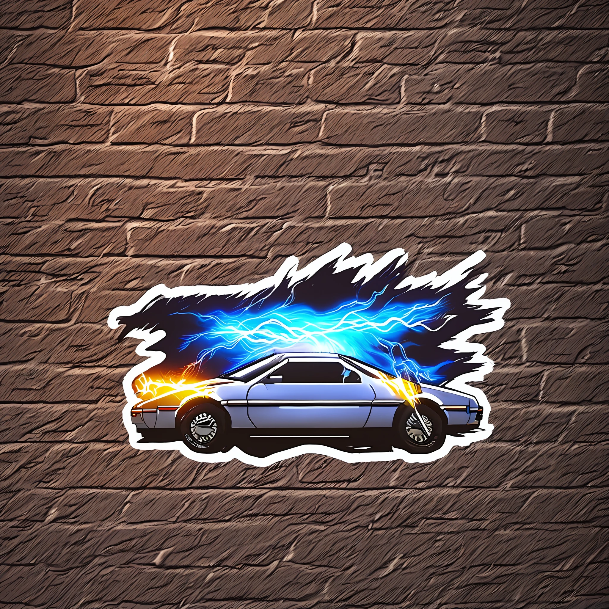 De Lorean surrounded by colored lightning bolts sticker designed by tsutomu nihei, dynamic lighting, photorealistic concept art, trending on art station, stunning visuals, creative, cinematic, ultra detailed