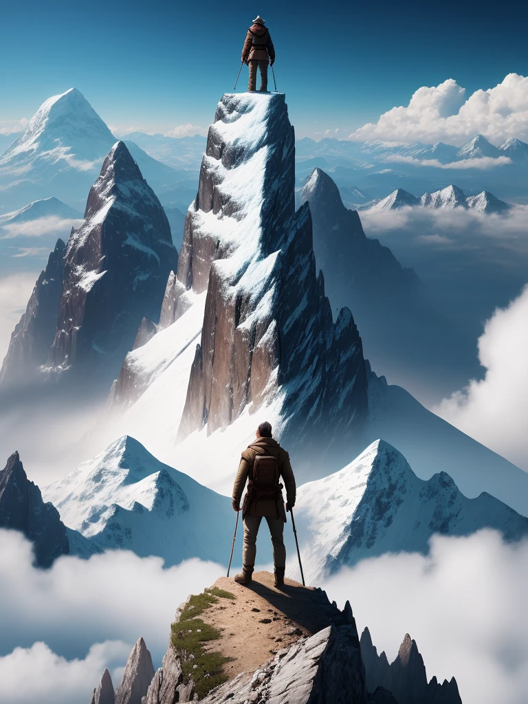 /Imagine a man standing on top of a mountain. photorealics.