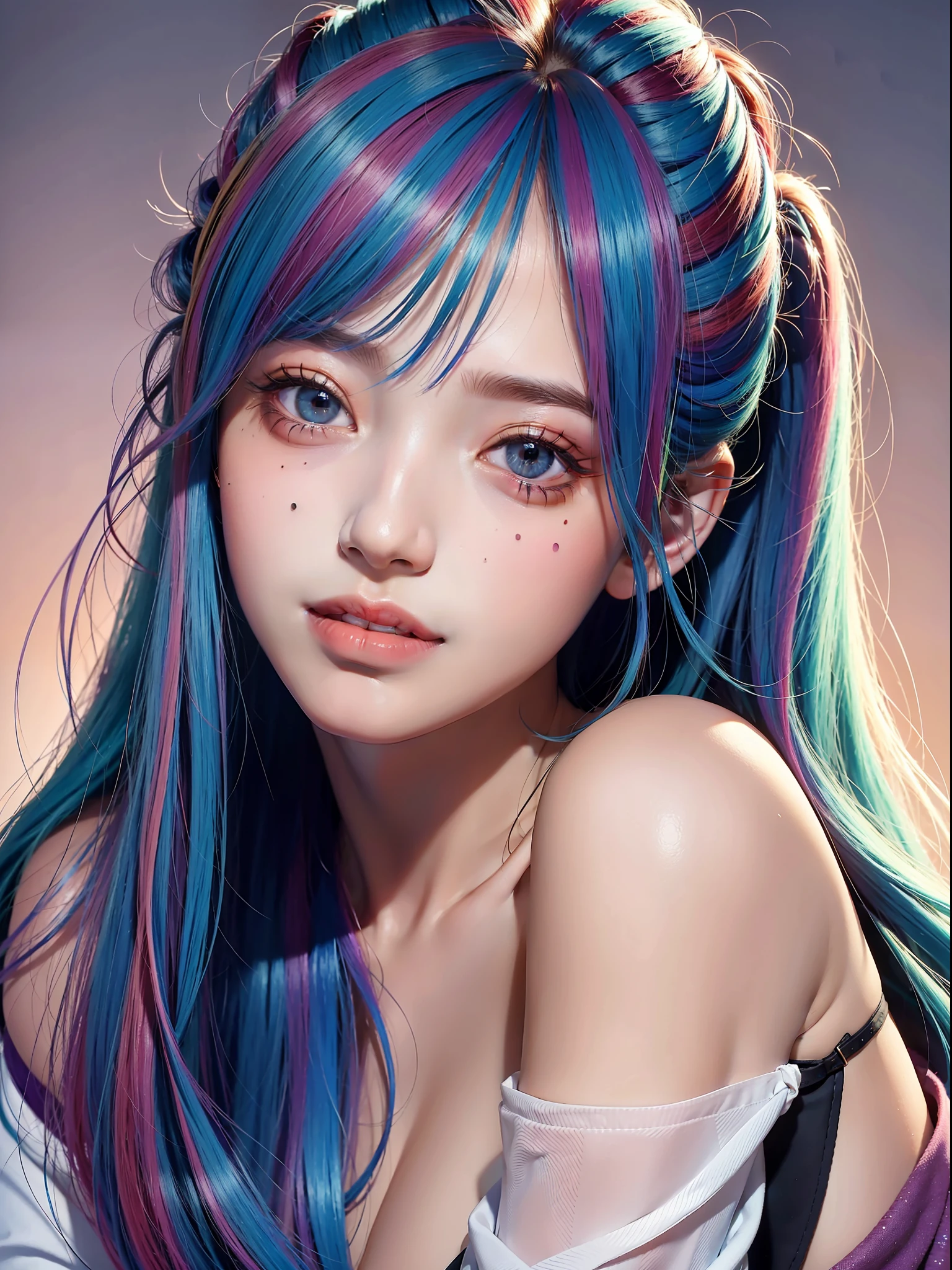 Best quality, masterpiece, super high resolution, multicolored hair, long hair, asymmetrical bangs, moles under the eyes, gradient eyes, eyeballs, shyness, smile, evil, off-the-shoulder, character setting, close-up, surrealism, UHD, award-winning, bust