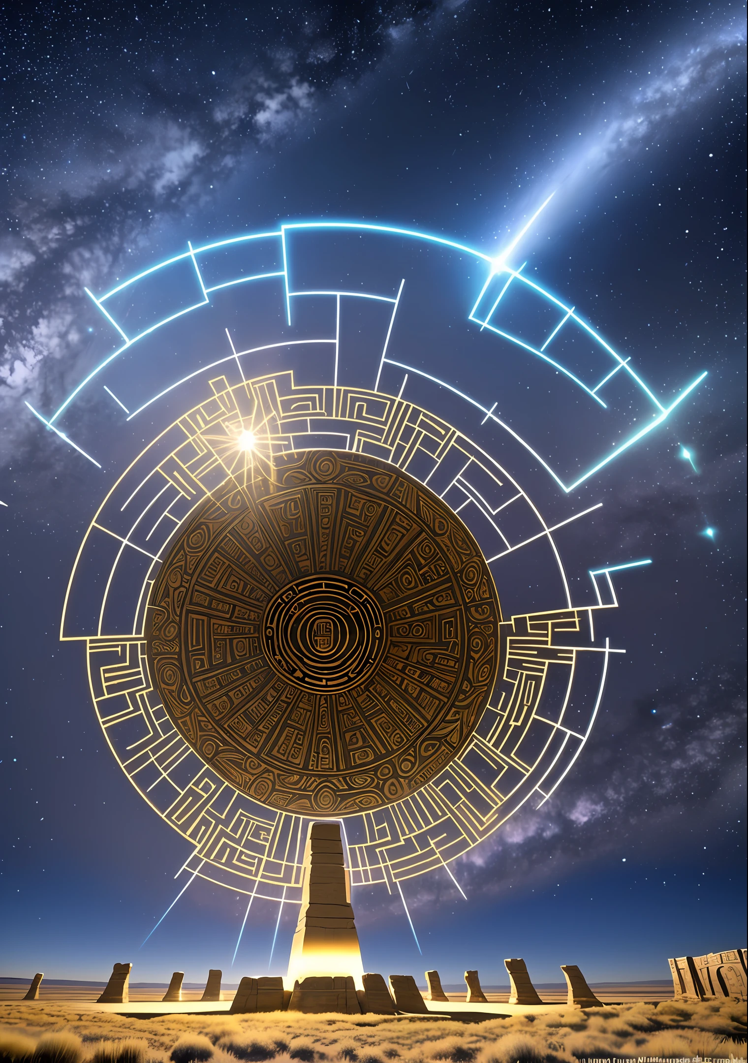 an alien metallic henge with light crystals around it