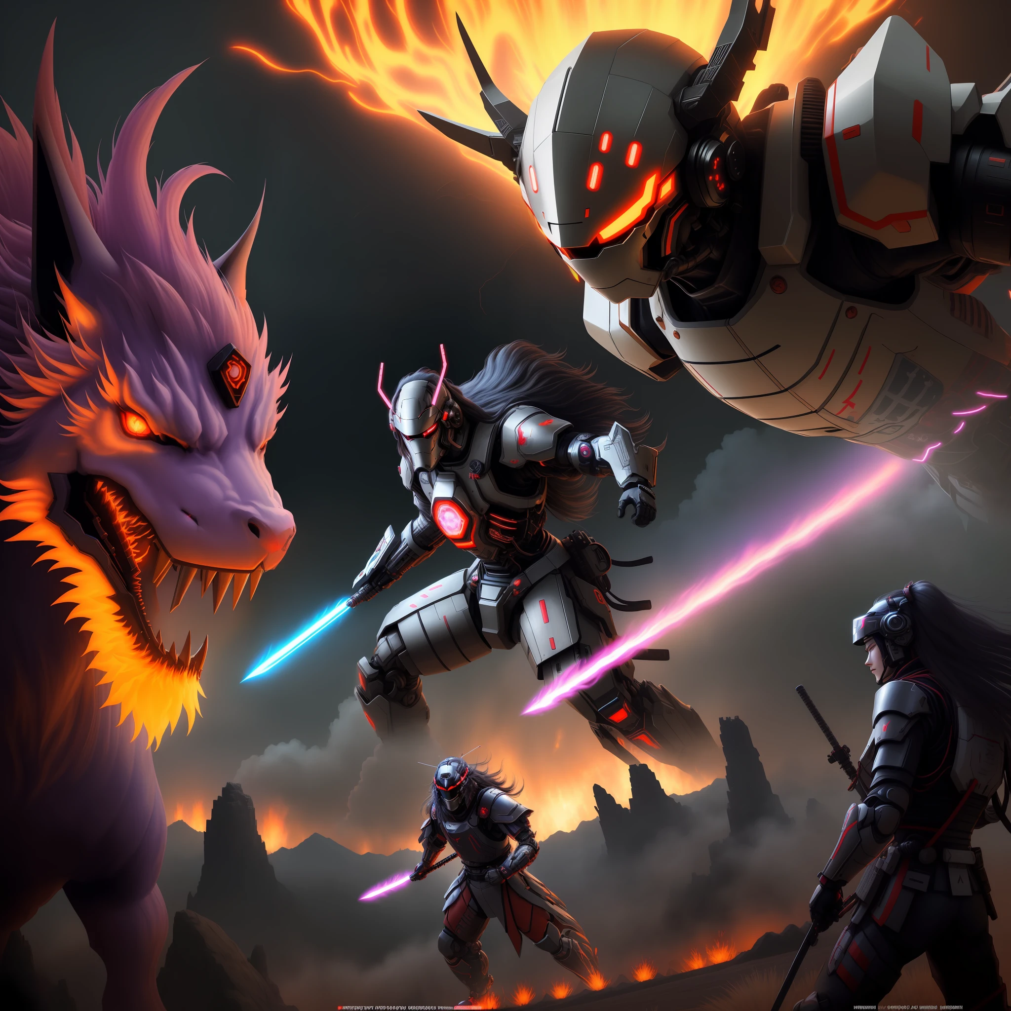 long haired japanese smaurai wearing cybernetic helmet, master swordsman, neon cyberpunk, master assassin, expansive view of ancient battlefield in flames, kaleidoscopic, Americana, diorama, Character modeling, 500px, analogous colors, vacuum tube lighting, High quality, dynamic action pose, ultra detailed, unreal engine, 8k