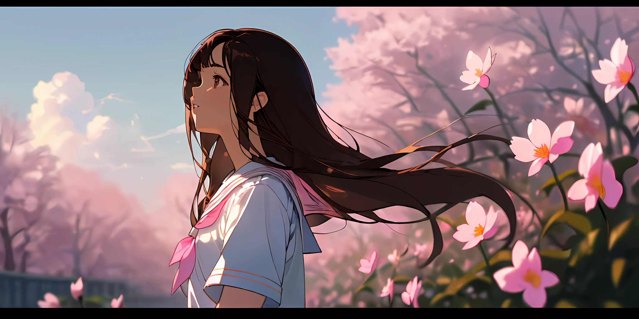 (masterpiece, best quality),1girl, solo, flower, long hair, outdoors, letterboxed, school uniform, day, sky, looking up, short sleeves, parted lips, shirt, cloud, black hair, sunlight, white shirt, serafuku, upper body, from side, pink flower, blurry, brown hair, blue sky, depth of field