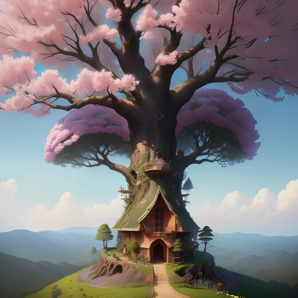 A large tree with an ant hill as a tree house with lots of flowers at the bottom of the tree.