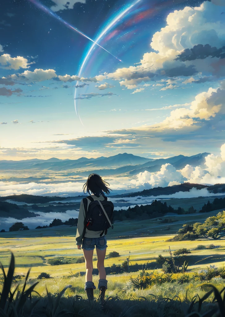 ((vast sky)), beautiful skyline, large grasslands, ((very tense)) and (dramatic)) pictures, ((moving))((visuals)), ((hanging North Star)), ((colorful)) natural light. ((long-sleeved top)) (denim shorts) | ((Back Backpack)) (Girls)