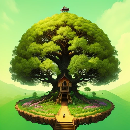 A large tree with an ant hill as a tree house with lots of flowers at the bottom of the tree.