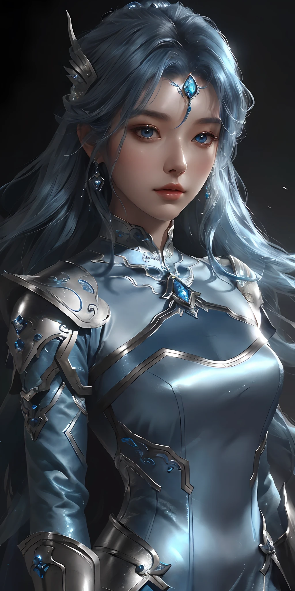 a close up of a woman in a silver and blue dress, chengwei pan on artstation, by Yang J, detailed fantasy art, stunning character art, fanart best artstation, epic exquisite character art, beautiful armor, extremely detailed artgerm, detailed digital anime art, artgerm on artstation pixiv, armor girl