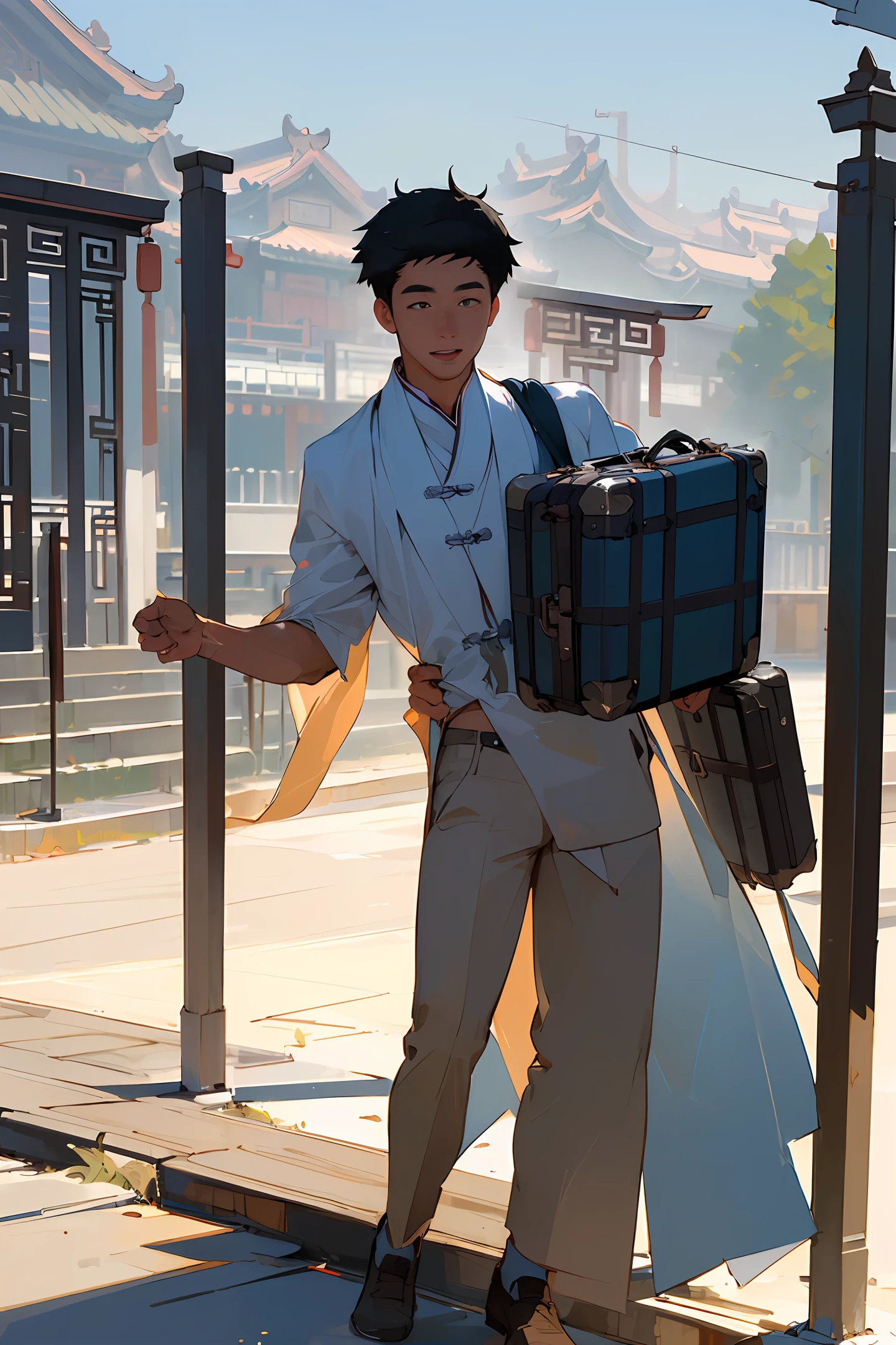 ((masterpiece)), (best quality), ((high detial), ((realistic,)) Chinese universities, school gates, many steps, carrying suitcases, male students