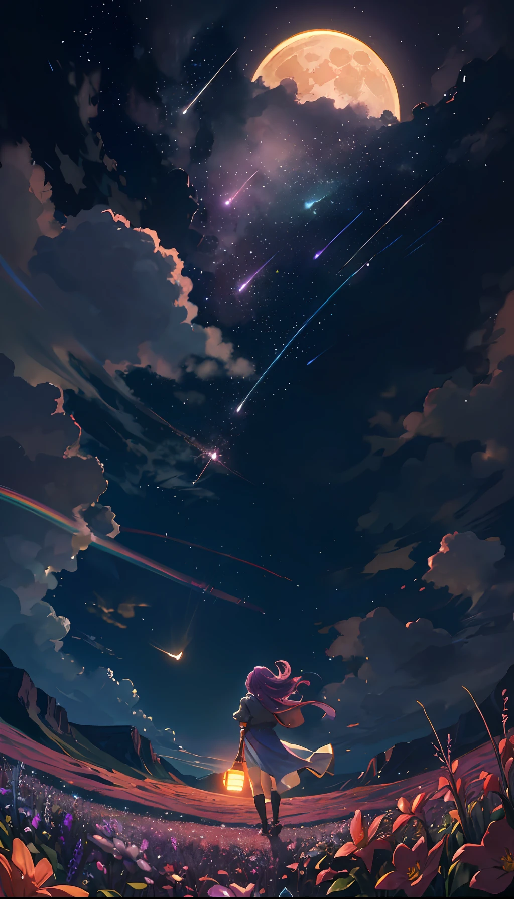 Vast landscape photo, (viewed from below, the sky is above and the open field is below), a girl standing on a flower field looking up, (full moon: 1.2), (meteor: 0.9), (nebula: 1.3), distant mountains , Trees BREAK Crafting Art, (Warm Light: 1.2), (Fireflies: 1.2), Lights, Lots of Purple and Orange, Intricate Details, Volumetric Lighting, Realism BREAK (Masterpiece: 1.2), (Best Quality), 4k, Ultra-Detailed, (Dynamic Composition: 1.4), Very Detailed, Colorful Details, (Rainbow Colors: 1.2), (Glow Lighting, Atmospheric Lighting), Dreamy, Magical, (Solo: 1.2)