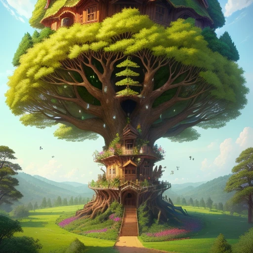 A large tree with an ant hill as a tree house with lots of flowers at the bottom of the tree.