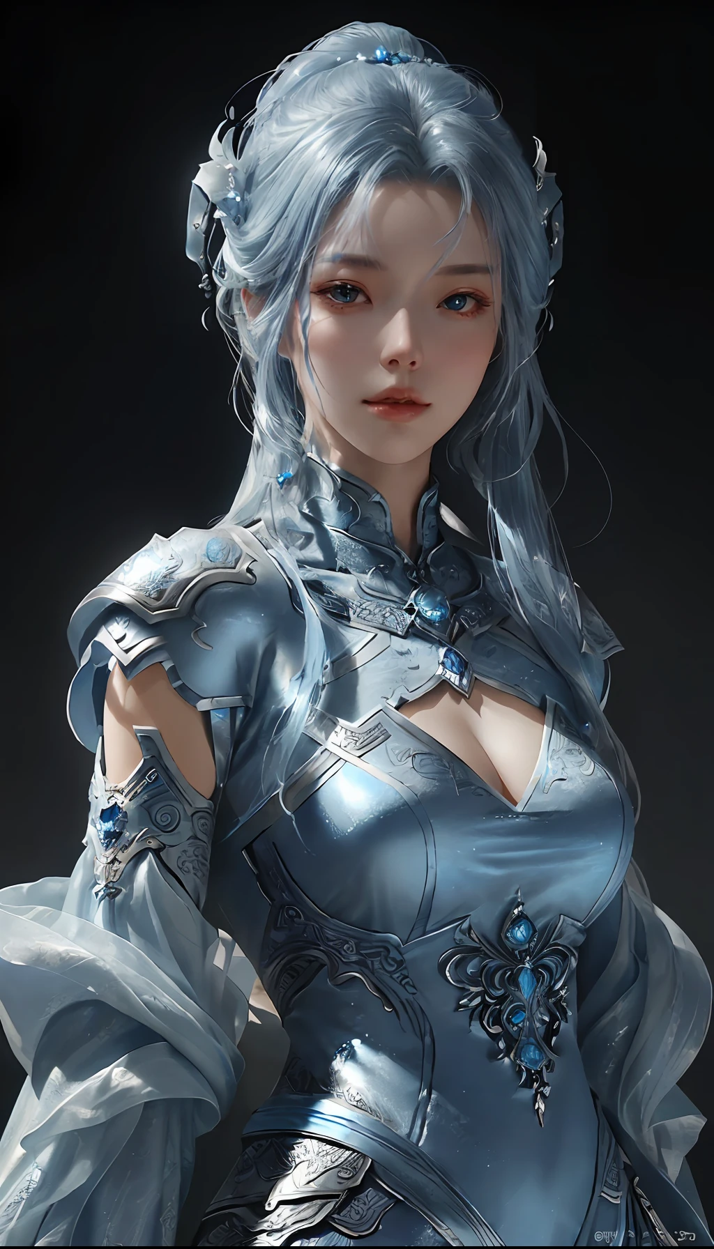 a close up of a woman in a silver and blue dress, chengwei pan on artstation, by Yang J, detailed fantasy art, stunning character art, fanart best artstation, epic exquisite character art, beautiful armor, extremely detailed artgerm, detailed digital anime art, artgerm on artstation pixiv, armor girl