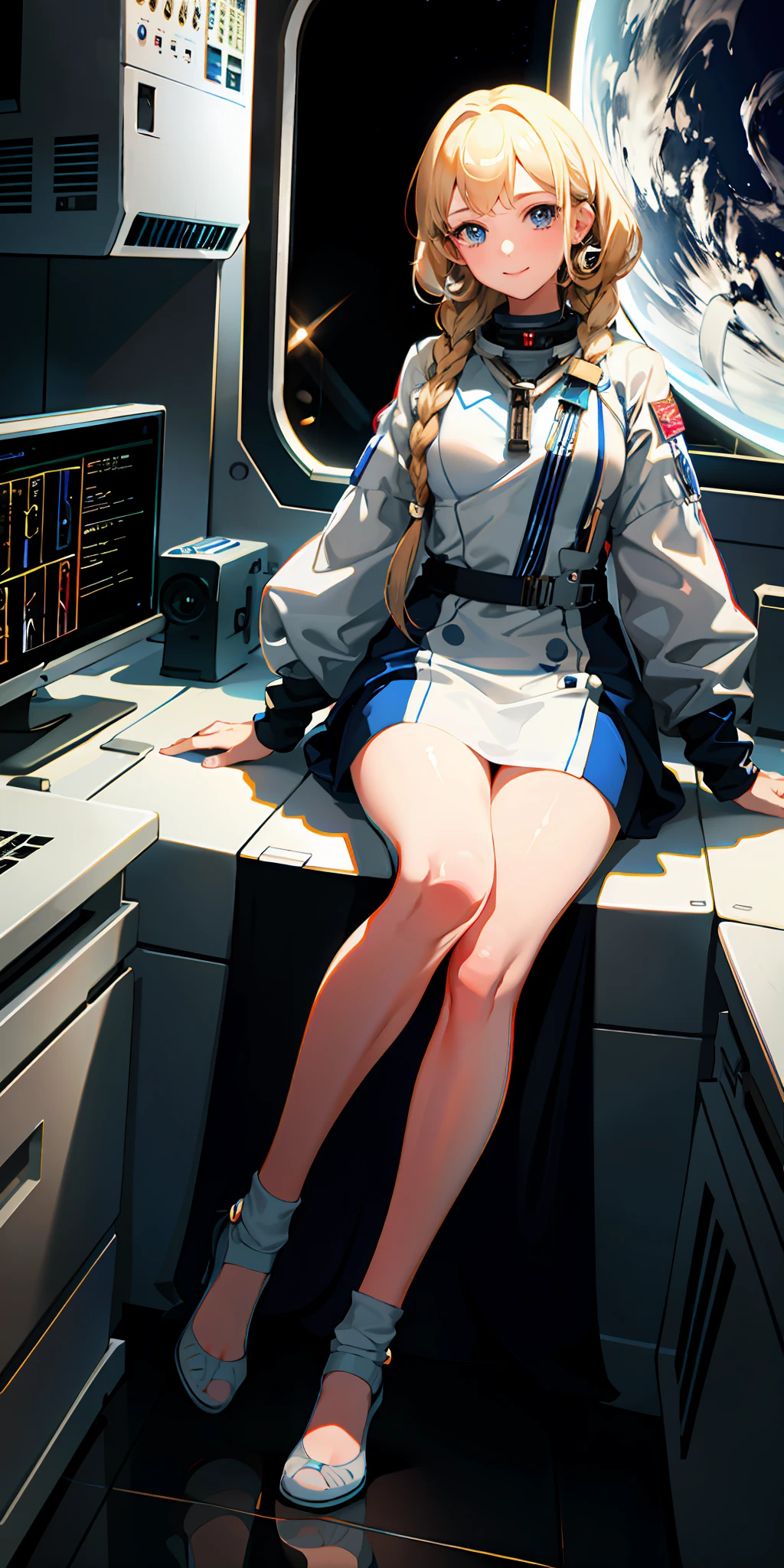 20 year old girl, delicate blue eyes, astronaut, on the space station, smile, braids, blonde, half, best quality, masterpiece, super high resolution