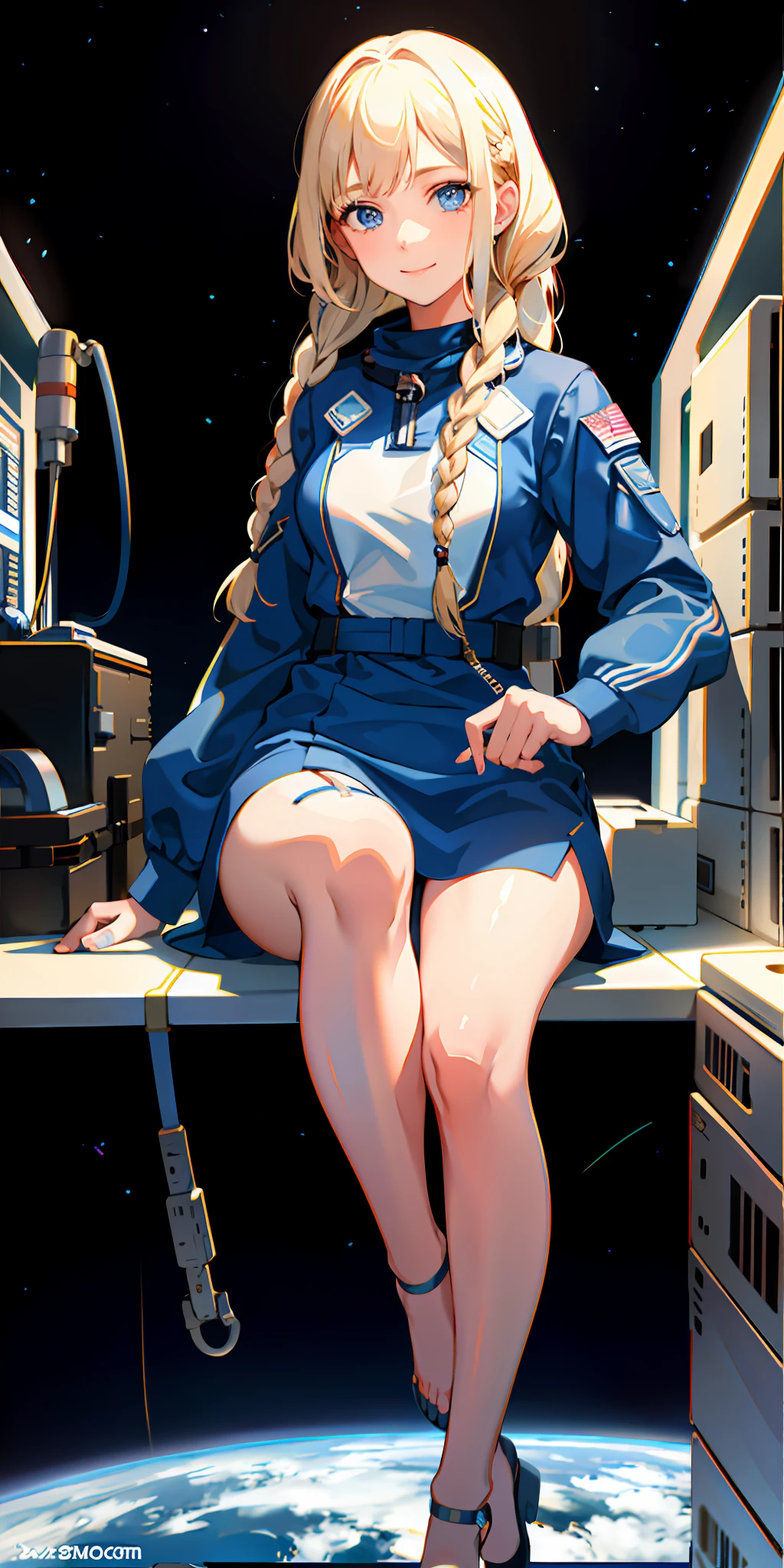 20 year old girl, delicate blue eyes, astronaut, on the space station, smile, braids, blonde, half, best quality, masterpiece, super high resolution