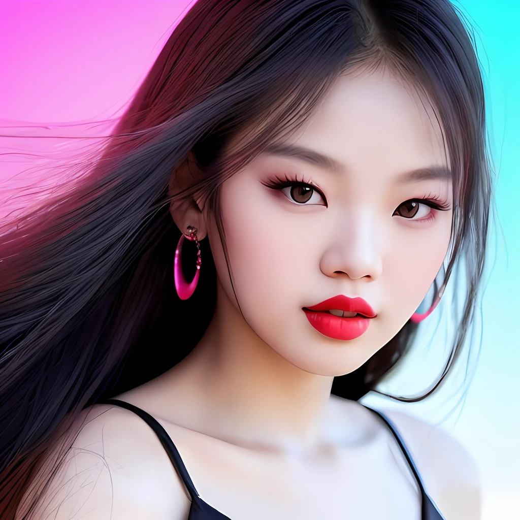 Jennie (Blackpink), front, red lips, heavy makeup, wearing black dress, neon lights, gradient color on background, original simulation style, charming gaze, charming expression. The background should be neutral and simple, pay close attention to details such as highlights and shadows on his face and hair to create a realistic and realistic image. Try different lighting techniques to enhance the mood and atmosphere of your portrait. Highly Detailed Skin, Skin Detail, Sharp Focus, Volumetric Fog, 8K UHD, SLR, High Quality, Film Grain, Fujifilm XT3, (Best Quality: 1.4), (Masterpiece: 1.4), (Detail: 1.3), (Best Quality: 1.4), (Masterpiece: 1.4), (Detail: 1.3), (Color Gradient Background: 1.5, Close Up: 1.5), (Realism: 1.4), (Best Quality: 1.0), (Super High Resolution: 1.0)