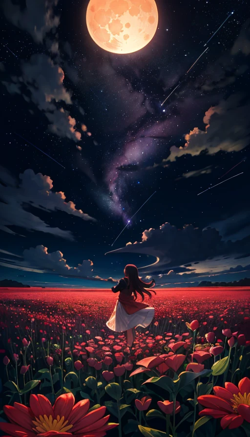 Vast landscape photo, a girl standing on a flower field looking up at Full Moon Meteor Firefly