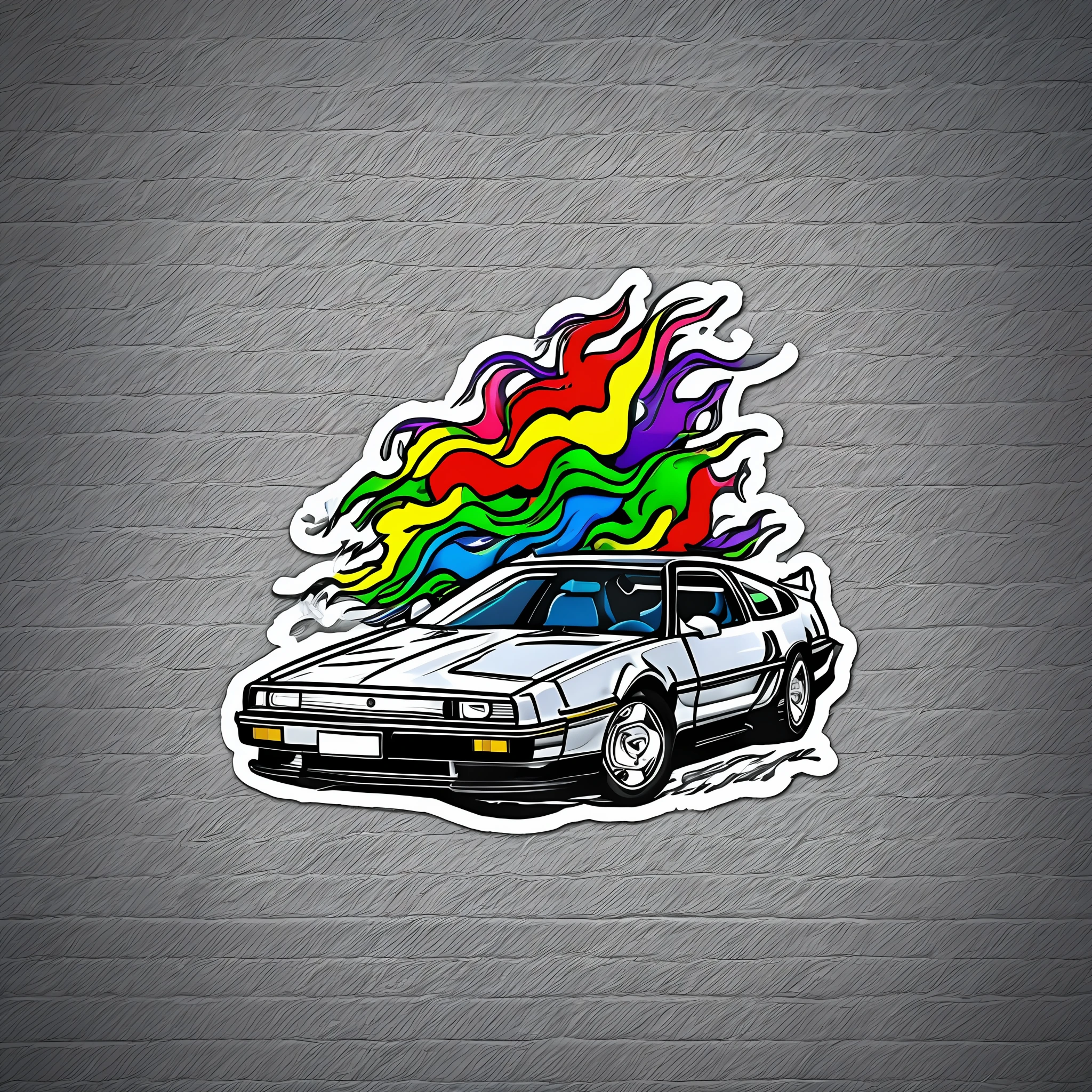 De Lorean surrounded by colored lightning bolts sticker design