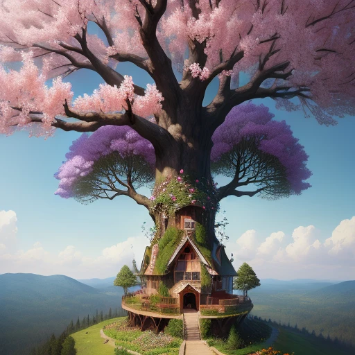 A large tree with an ant hill as a tree house with lots of flowers at the bottom of the tree.