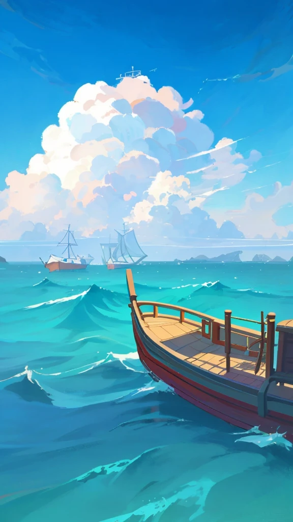 Draw a ship in the ocean with cloudy sky, island background, draw in anime painter studio, island landscape, background art, made with anime painter studio, draw as game concept art, stylized concept art, detailed digital painting, stylized painting, lots of details. Digital Painting, Sea of Thieves Style, Anime Landscape Concept Art, Digital Painting Concept Art, 8K, Pirate Sailboat