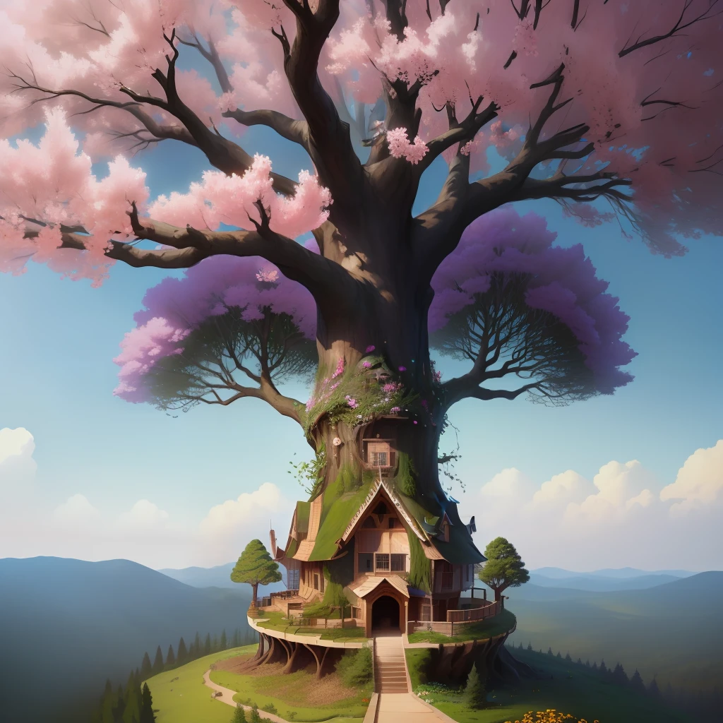 A large tree with an ant hill as a tree house with lots of flowers at the bottom of the tree.