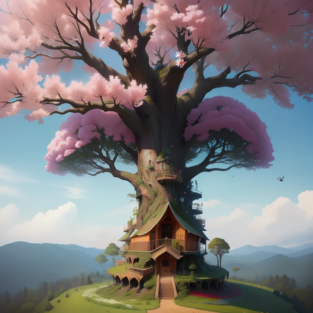A large tree with an ant hill as a tree house with lots of flowers at the bottom of the tree.