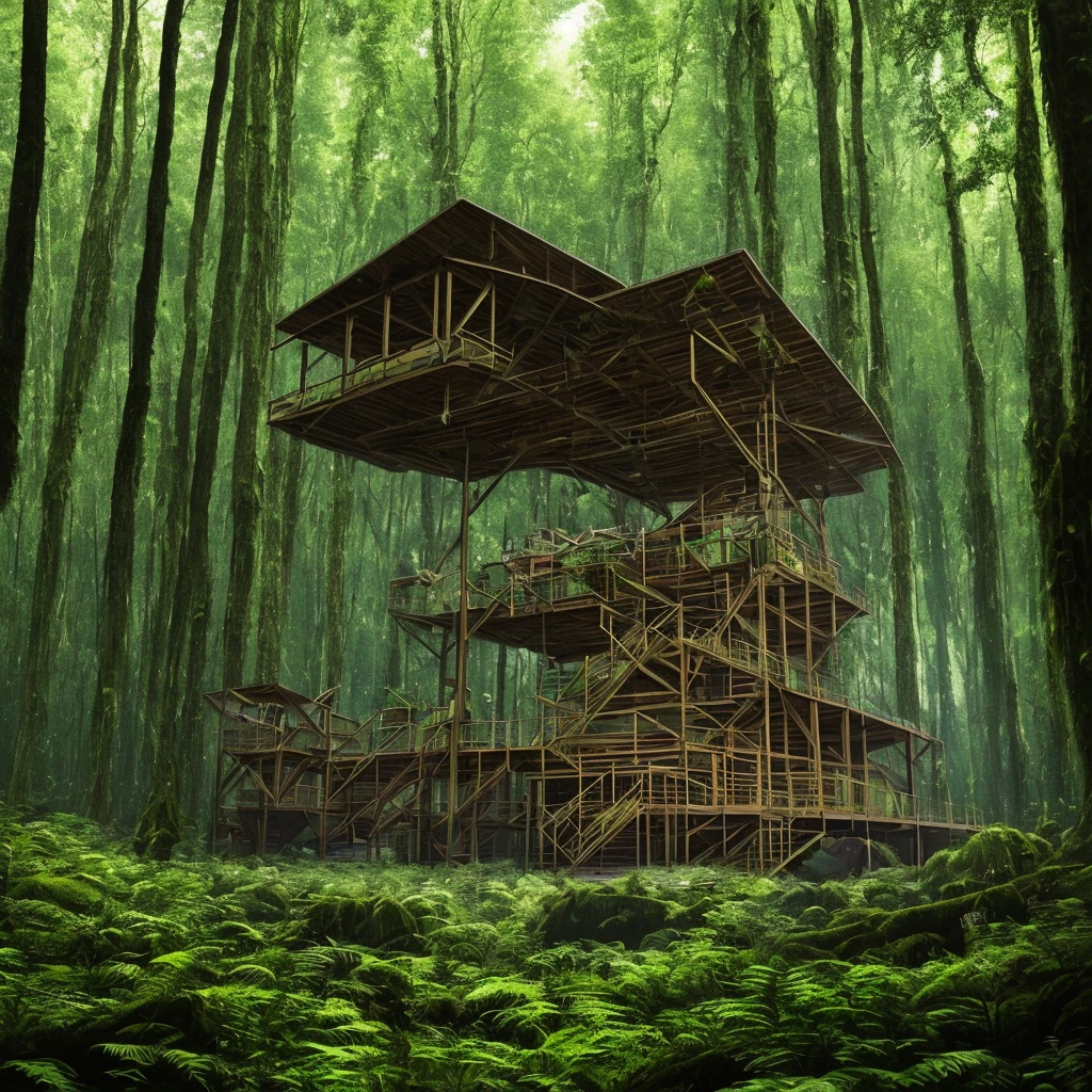 A forest dark psychedelic rave, groovy scenery, ravers facing large speakers that blend in with the trees with the aid of huge wooden structures.