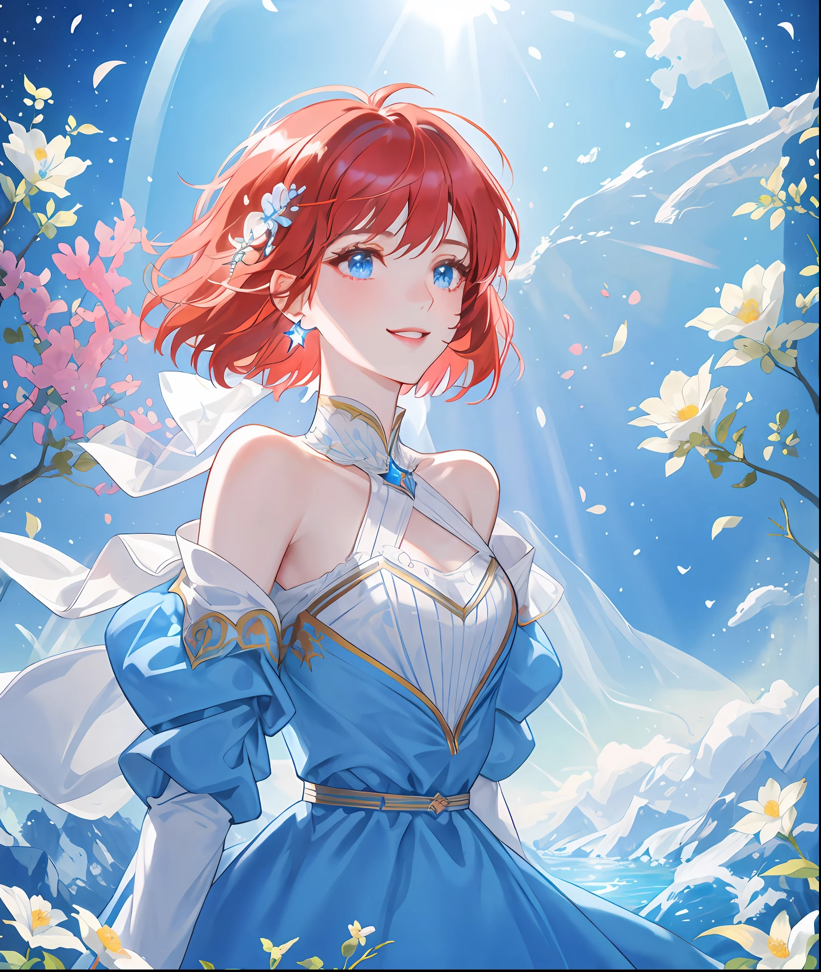 1Beautiful woman, beautiful face, flushed face, gorgeous smile, short red hair, detailed hair, blue eyes, fair skin, shiny skin, thin waist, long stellar blue dress, cosmic dress, ultra quality, ultra realistic, ultra resolution, detailed texture, detailed, 8k, absurd, insane, incredibly, lighting, magical environment, fantastic atmosphere, princess garden scenery, colorful flowers, crystal clear river, particles, sun rays,
