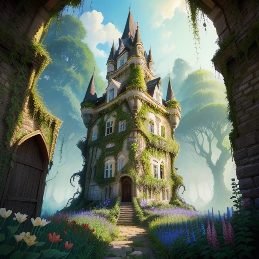 Old ant hill castle overgrown with plants and flowers