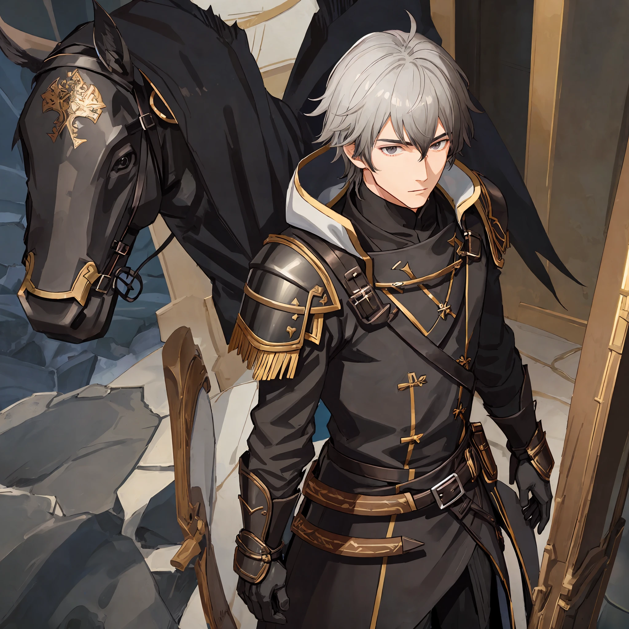 black hair, male, medium hair, armor, fantasy, solo, adult, black unique outfit, black coat
