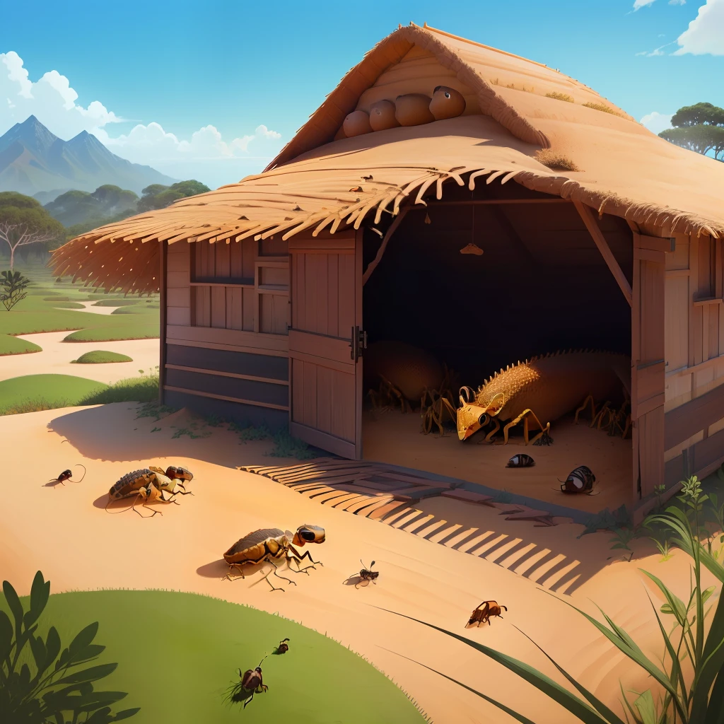 beautiful anthill with ants playing outside the hut and rallying a gecko