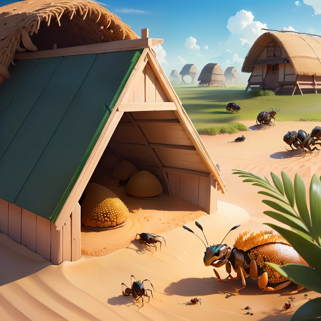 beautiful anthill with ants playing outside the hut and rallying a gecko