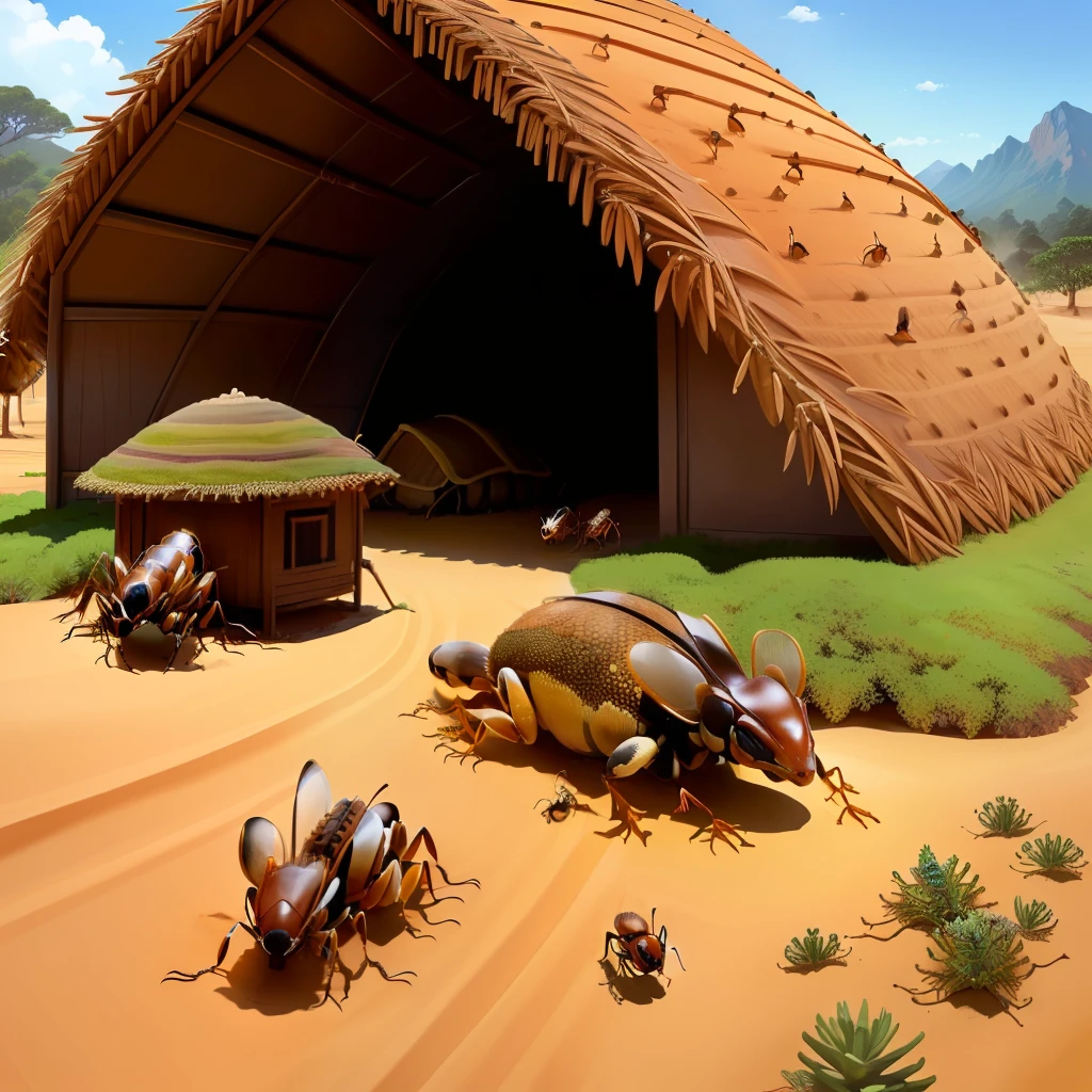 beautiful anthill with ants playing outside the hut and rallying a gecko