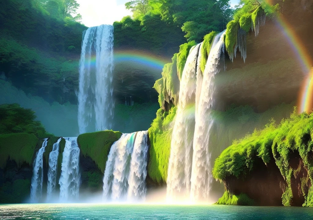 Draw waterfalls with sunlight in green forest, waterfalls, amazing depths, breathtaking masterpieces of art, tranquil beautiful waterfalls, multiple waterfalls, endless waterfalls, (waterfalls), waterfalls (beautiful, waterfall background, waterfalls, beautiful art UHD 16 K, flowing light flow, soft airbrush artwork, huge waterfalls, cascading rainbow waterfalls
