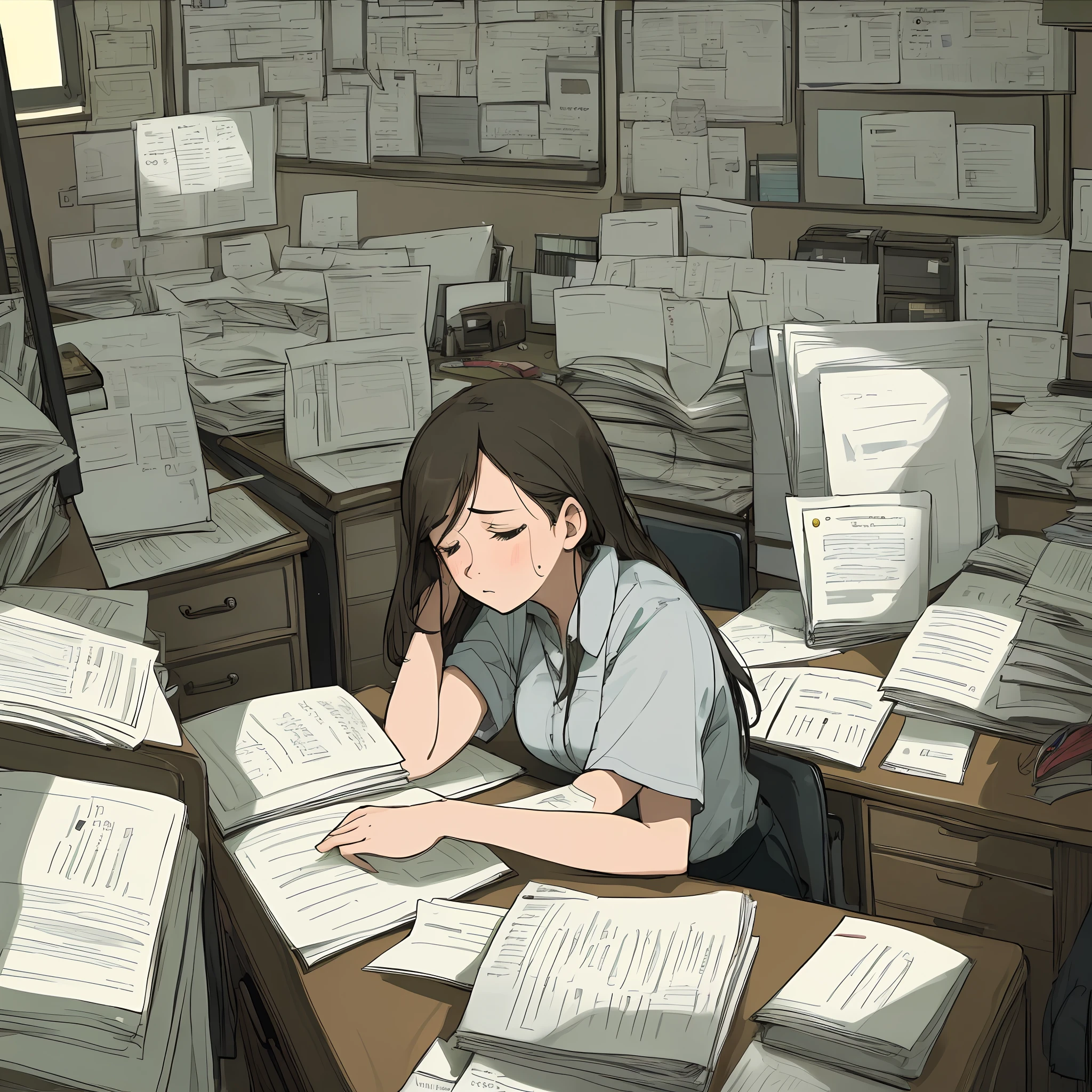 woman, tired, at work, Lots of papers, Desk full of folders, clock on the wall
