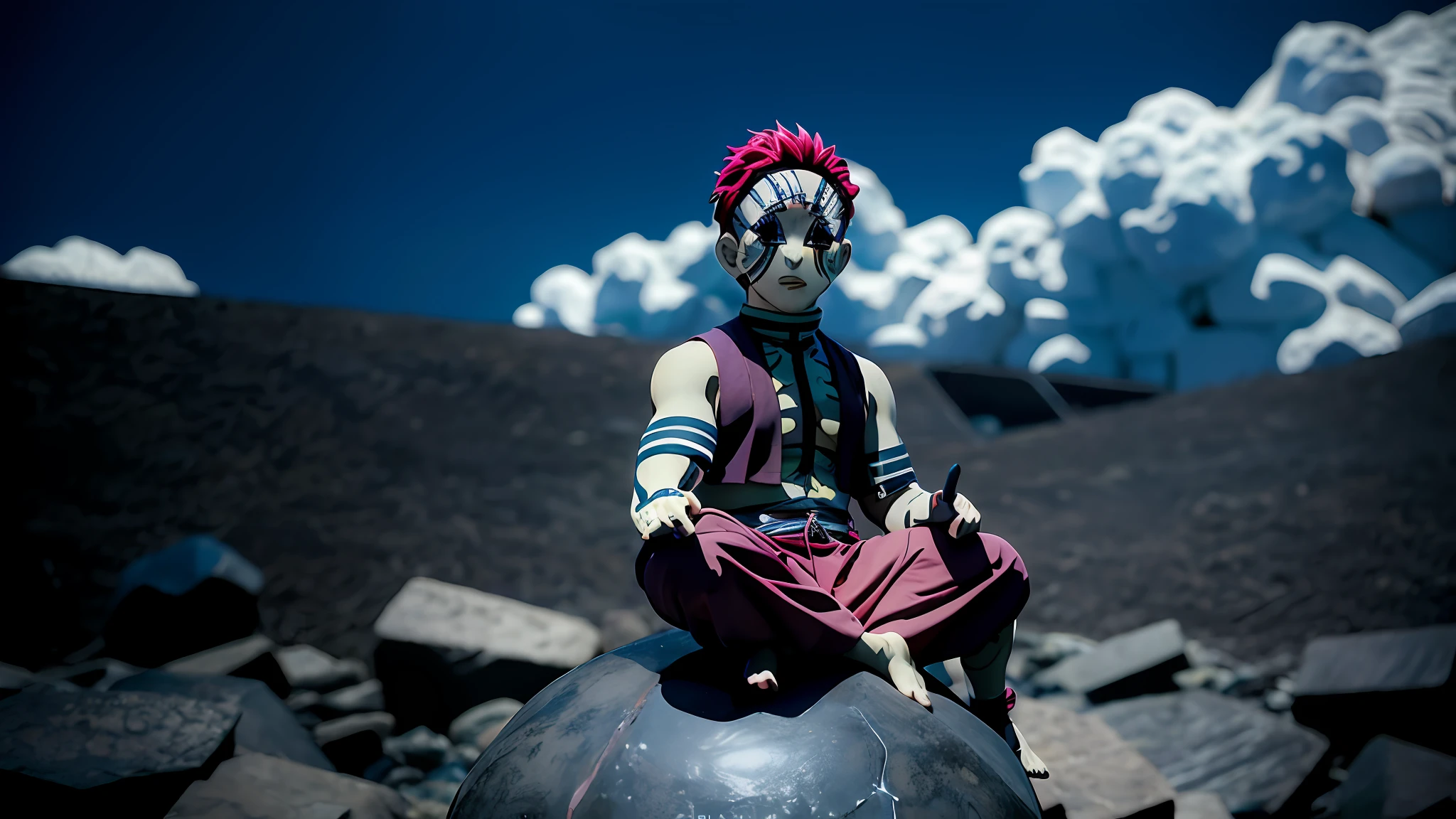 anime character sitting on a rock in front of a house, akaza limetsu, akaza, smiling, kimetsu no yaiba, akaza kimetsu in demon slayer art, today's featured anime still, demon slayer rui fanart, demon slayer artstyle, in the anime film, demon slayer, official art, screenshot from the anime film, still from anime, shuushuu anime image, still from tv anime. (dark:1.2), (epic:1.3), (chaotic composition:1.2), (metallic:1.1), (gritty texture:1.1), (comic book:1.2), (((3D))), (((realistic))), demon slayer, demon, red short hair, muscles, tattoo