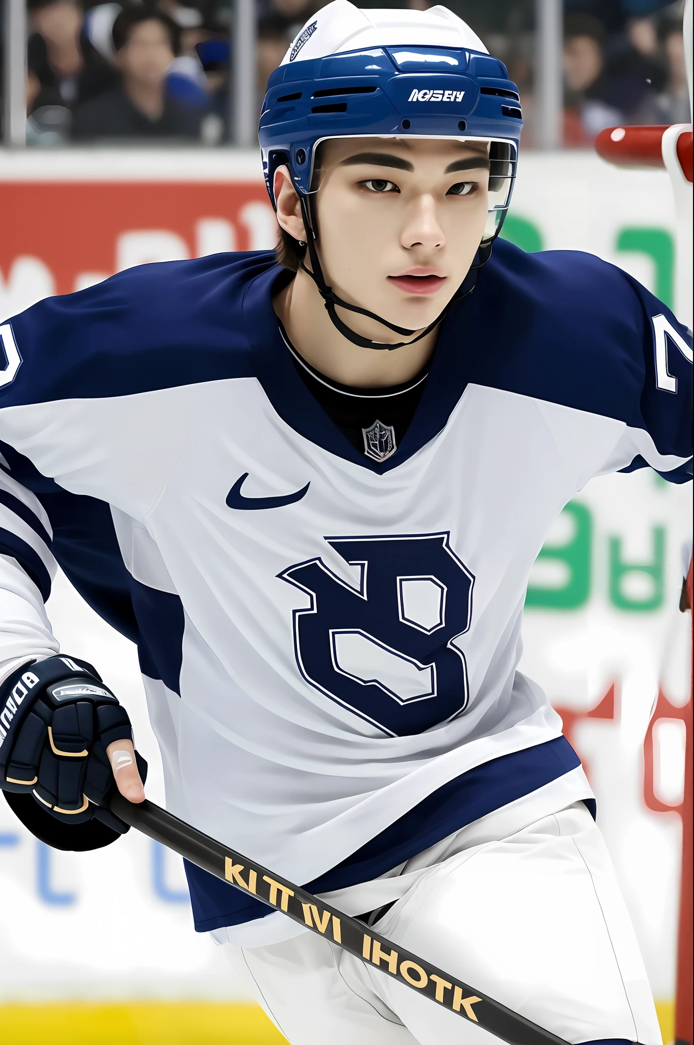 Solo, male focus, hockey player, in hockey uniform, on ice, (masterpiece, ultra quality, high resolution, 8k, intricate: 1.2), (detailed face: 1.2), handsome, young Korean, white skin, double eyelids, detailed skin, 1boy, (realistic)),, good lighting quality, muscle veins, ((pale skin)),