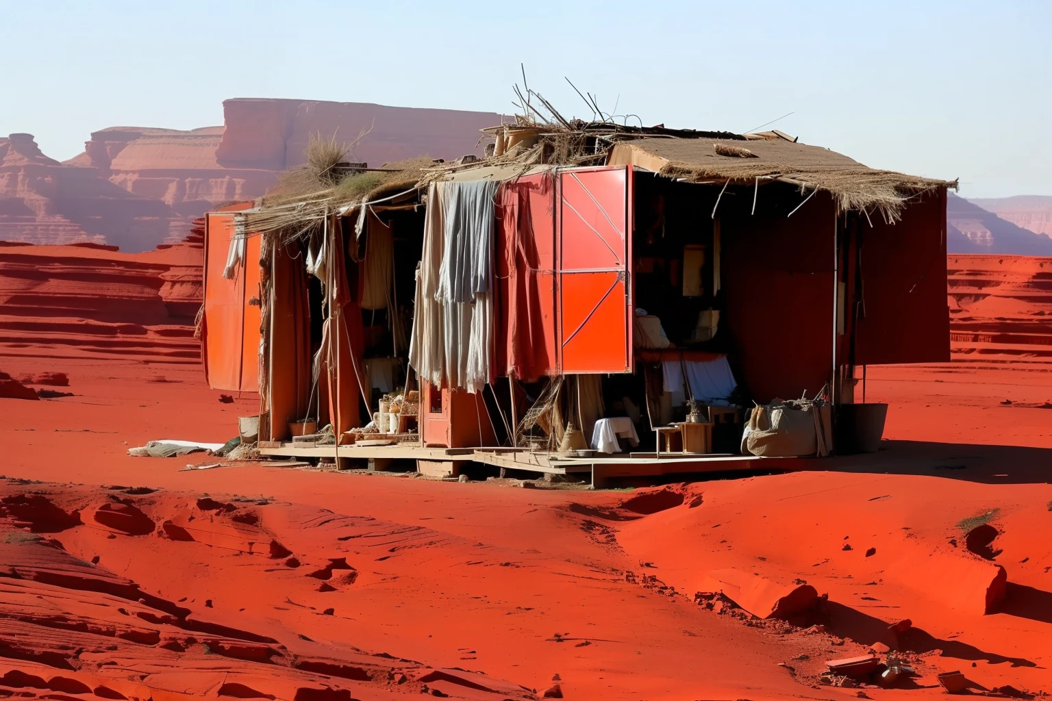 a makeshift house trailer, scraps and metals, mesmerizing red canyon, fantasy