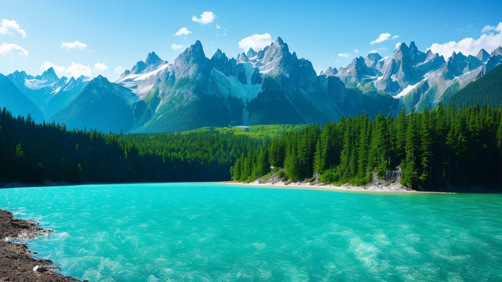 (The beauty of ultra-clear landscapes) spectacular scenery, excellent vistas, beach in the foreground rippling, trees dotted, lakeside rafting, water and sky color, (alpine lakes: 1.2 + beautiful mountains: 1.3), gorgeous water surface under the sun, gradient colors between mountains, (lens movement: 0.8 + water ripples: 1.2 + sunlight refraction: 1.1 + wave strike: 1.2), dazzling scenery, gripping natural beauty.