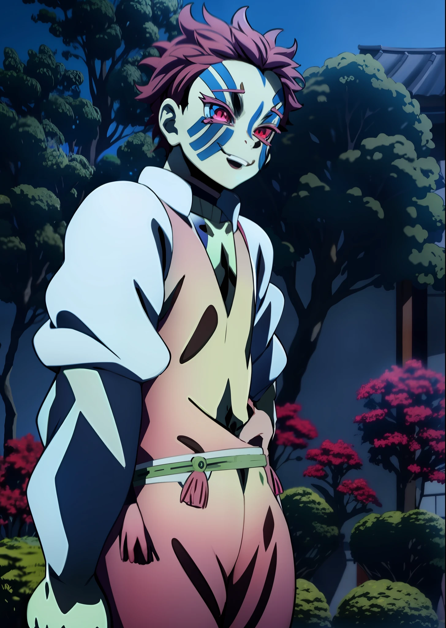 anime character sitting on a rock in front of a house, akaza limetsu, akaza, smiling, kimetsu no yaiba, akaza kimetsu in demon slayer art, today's featured anime still, demon slayer rui fanart, demon slayer artstyle, in the anime film, demon slayer, official art, screenshot from the anime film, still from anime, shuushuu anime image, still from tv anime