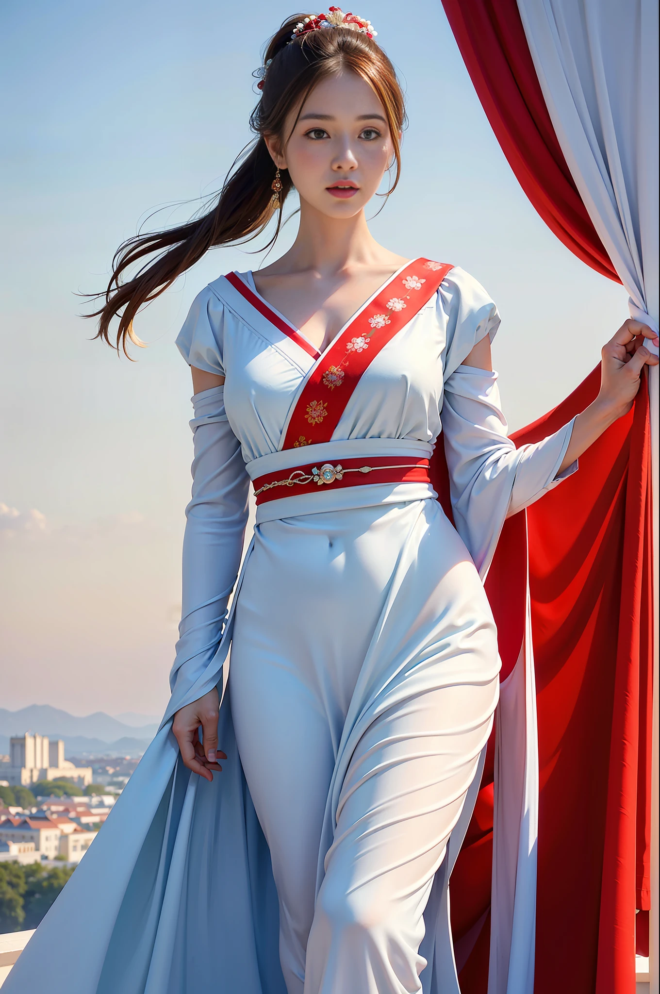 ((realistic)), (detailed), ((very wide shot)), the painting shows a woman standing behind the clouds, Wearing a long red dress, love and romance, uemura shoen, (light white and light blue:1.1), flowing draperies, (photorealistic:1.4), vanishing point, Surrealism1.4, (best quality:1.4), ((masterpiece)), textured skin, high details, anatomically correct