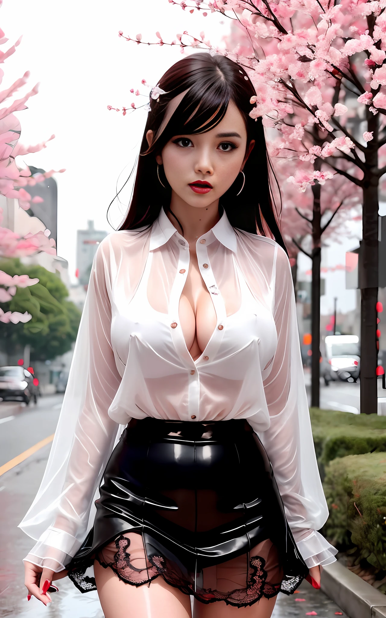 there is a woman in a white shirt, black lace mini skirt, lace underwear, wearing a lace blouse, sexy outfit, wearing in shirt, wet shirt, revealing outfit, cleavage, breasts covered and sfw, sexy girl, wearing a cute top, very sexy outfit, with a large breasts, in city street, wearing tight simple clothes, pretty girl running in the rain, sexy look, raining, red sky, sexy lips, Sakura tree