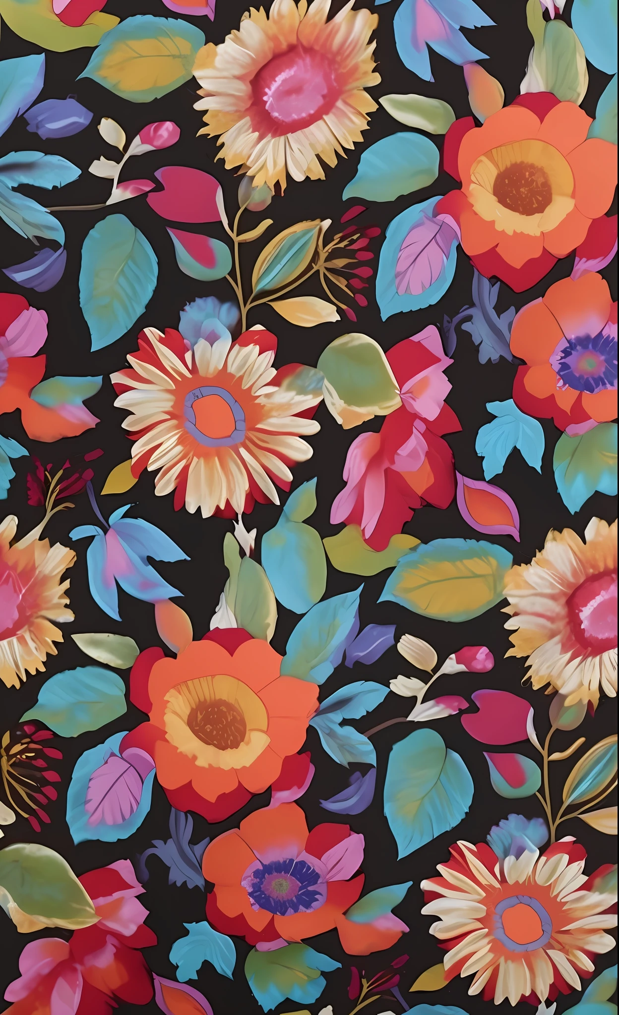 Close up of colorful floral print fabric on black background, sunflower, leaf, The flowers are colorful, gorgeous flowers, Textile printing, floral pattern, Brightly colored flowers, Floral embroidery, Gorgeous flowers, Vivid and vibrant, Fabrics and textiles, Vibrant and vivid, Floral motives, the flowers, Colorful flowers, High quality fabric textiles, Color Field painting, UHD, best quality, high details