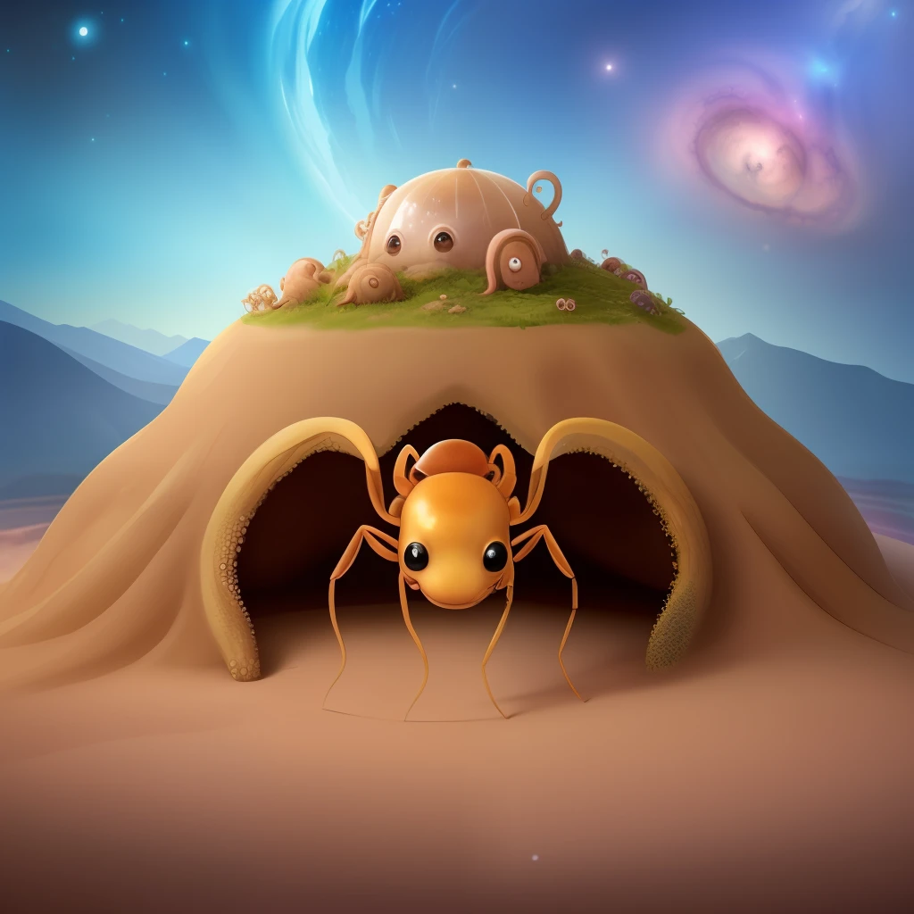 an ant hill in the shape of an octopus and having a see-through head where u can see the space nebula and star shining