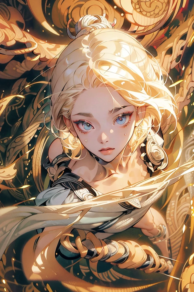 absurd, high resolution, super detailed, 1girl, solo, off-the-shoulder, extremely detailed eyes, ultra-precise depiction, ultra-detailed depiction, (zentangle:1.2), (dynamic pose), (abstract background: 1.5), (triple dress:1.2), short platinum blonde hair, (shiny skin), multiple colors, upper body, (from above)